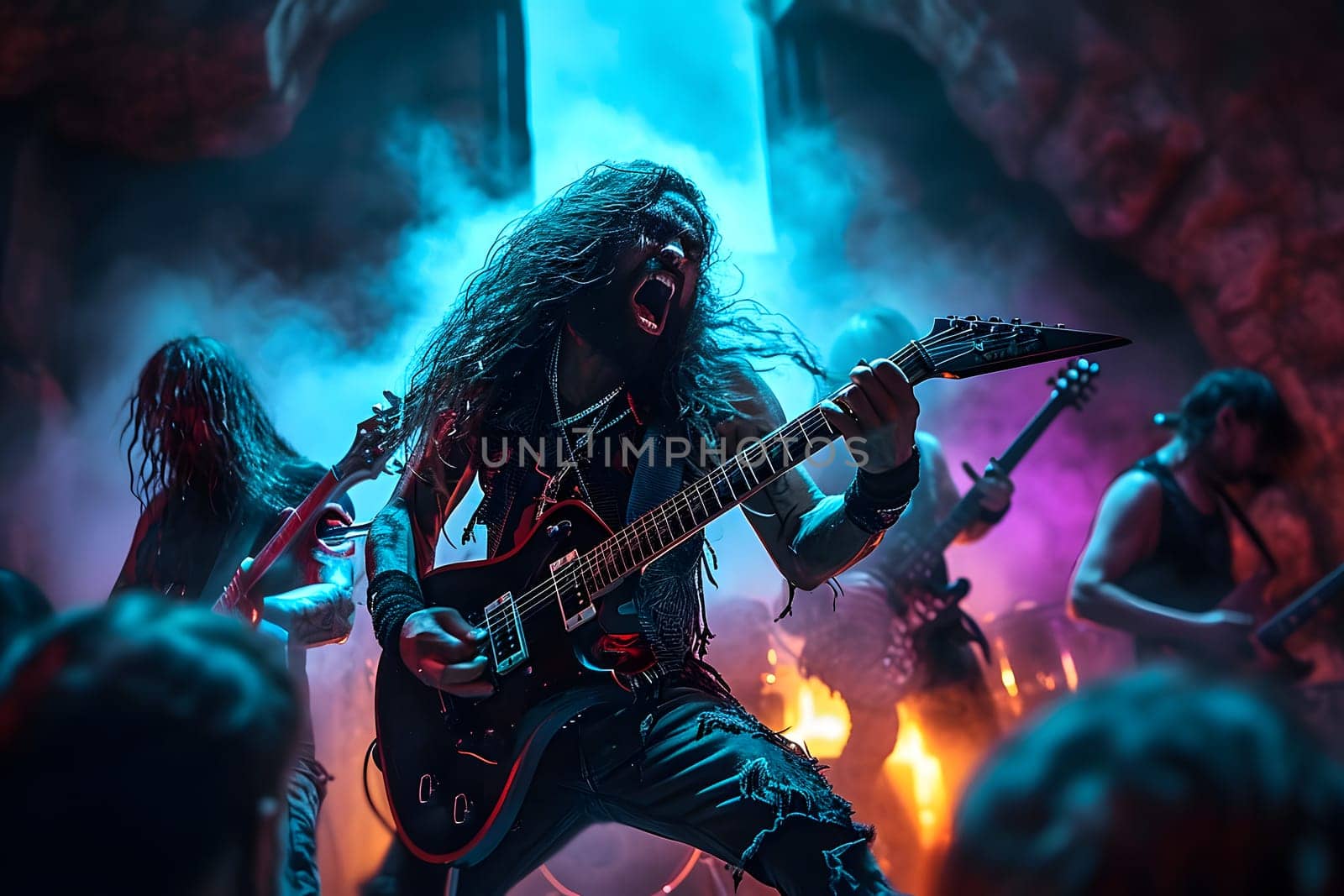 hellish rock musicians band with electric guitars in a rock world/ Digitally generated image. Not based on any actual person, scene or pattern.