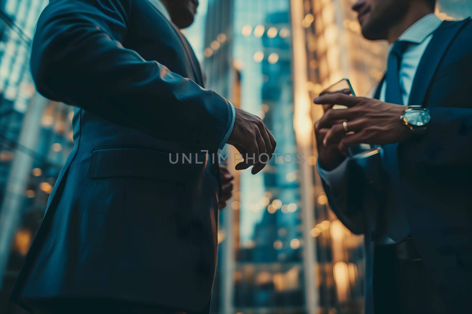 Close up abstract business background with businessmen navigating the cityscape, Interacting and collaborating. Neural network generated image. Not based on any actual person or scene.