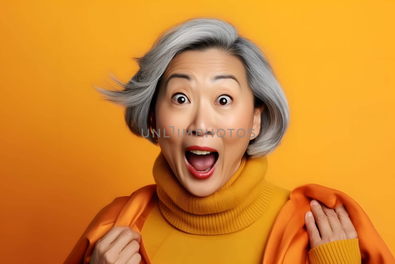 Surprised Asian woman on yellow background. Neural network generated image. Not based on any actual person or scene.