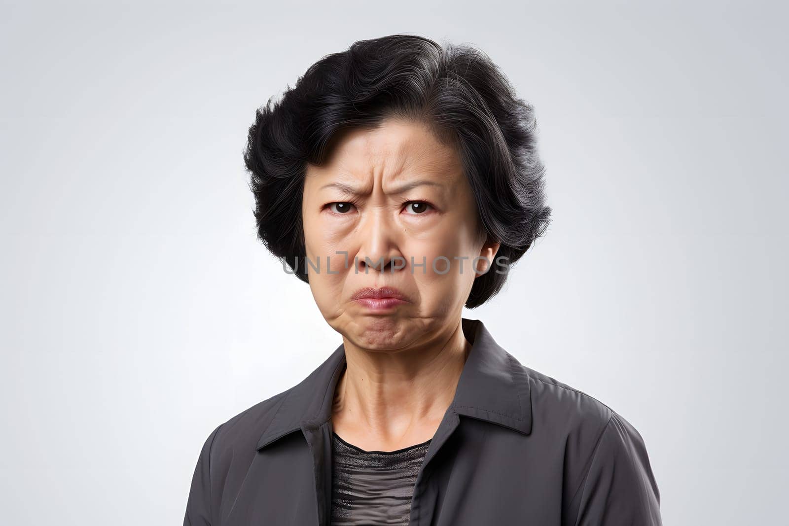 Disgusted mature Asian woman portrait. Neural network generated photorealistic image. Not based on any actual person or scene.