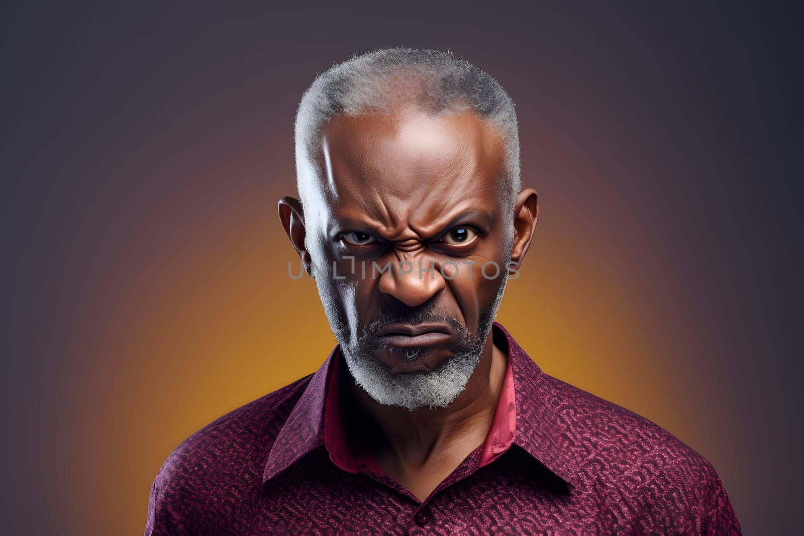 angry African American man in purple shirt, head and shoulders portrait on orange background. Neural network generated image. Not based on any actual person or scene.