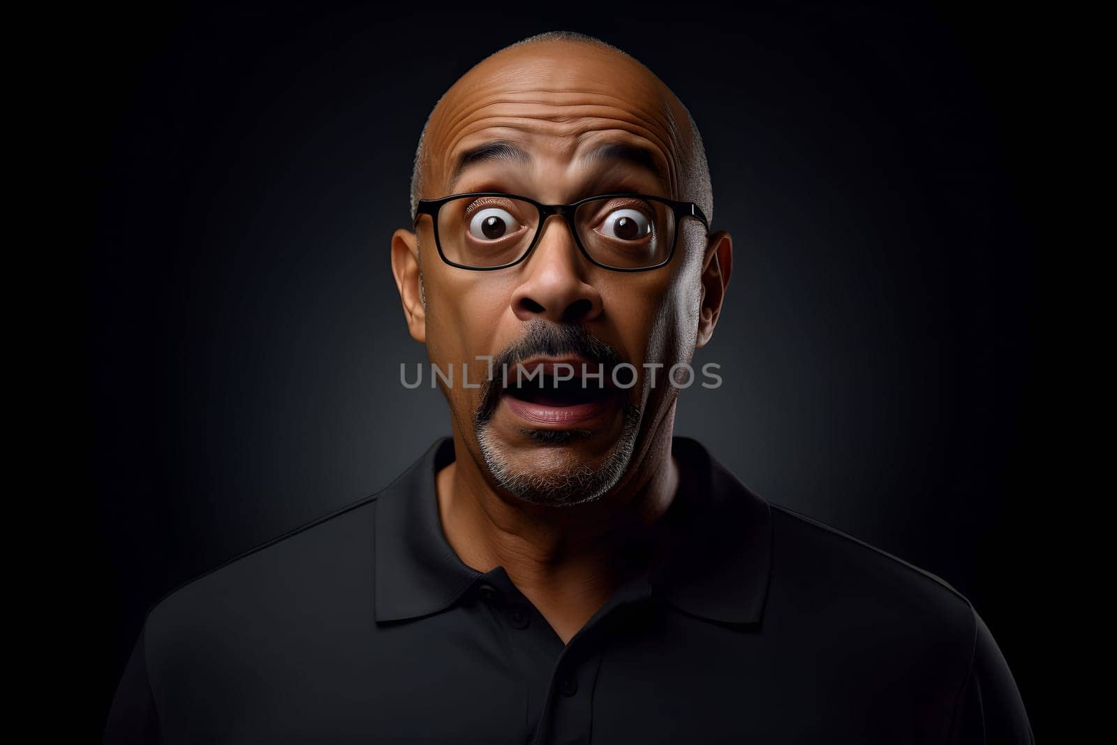 Surprised African American man with glasses on black background. Neural network generated image. Not based on any actual person or scene.