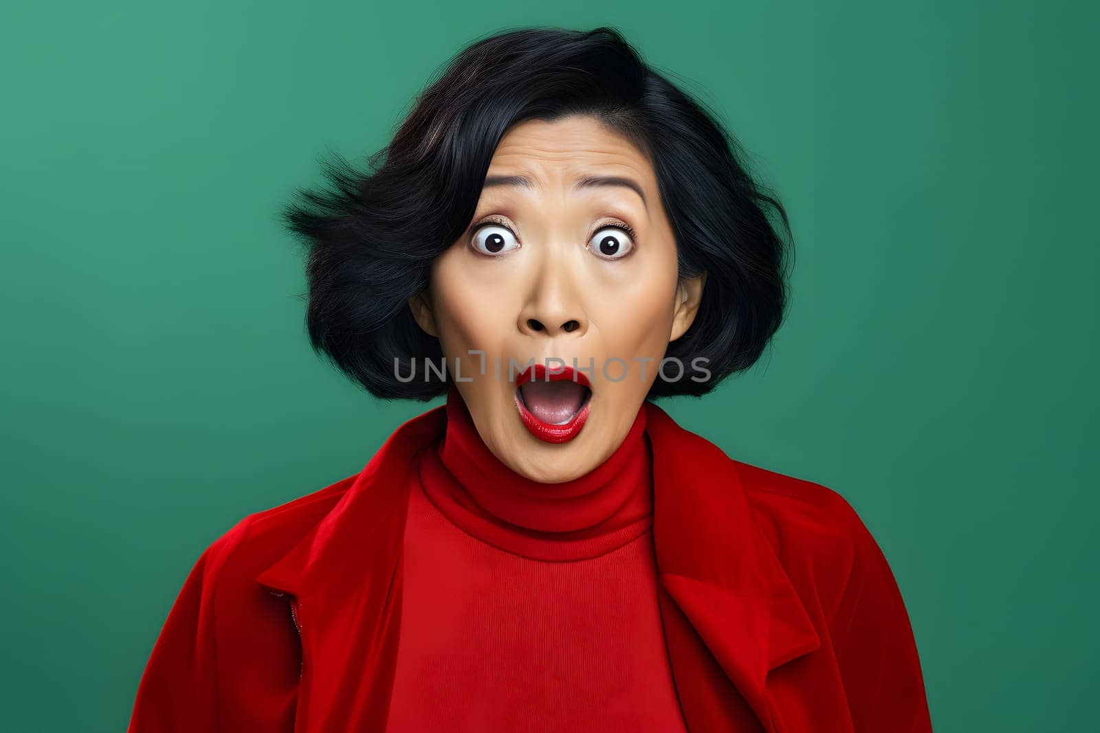 Surprised Asian woman on green background. Neural network generated image. Not based on any actual person or scene.