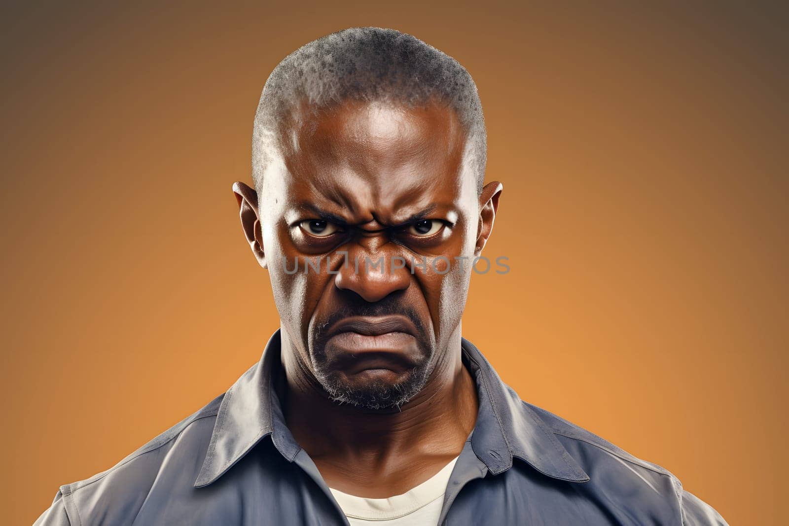 Angry mature African American man, head and shoulders portrait on yellow gradient background. Neural network generated image. Not based on any actual person or scene.