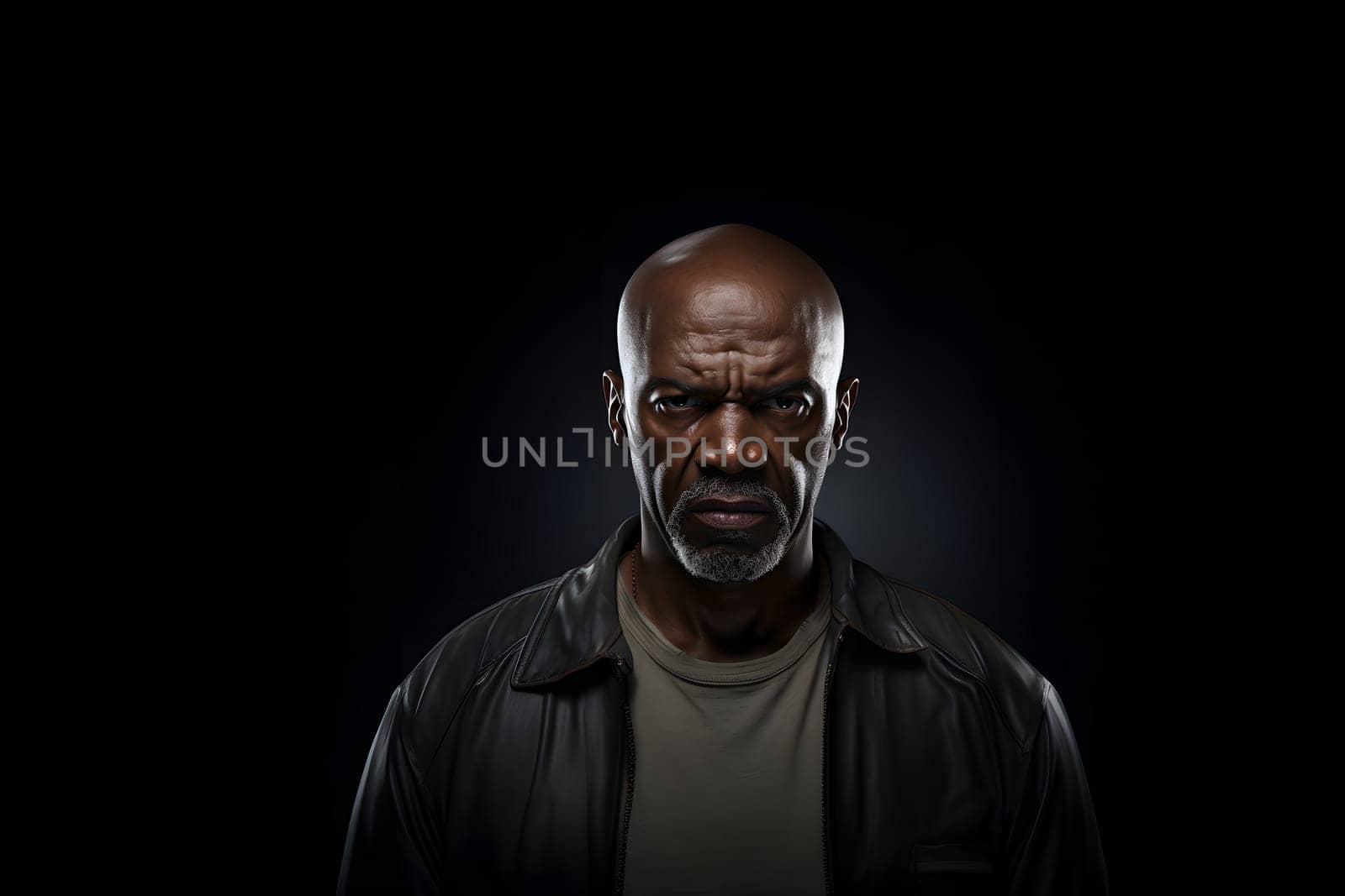 serious adult African American man, head and shoulders portrait on black background. Neural network generated image. Not based on any actual person or scene.