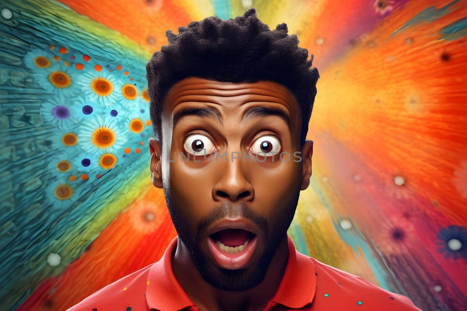 Surprised and scared young adult African American man on colorful background. Neural network generated image. Not based on any actual person or scene.