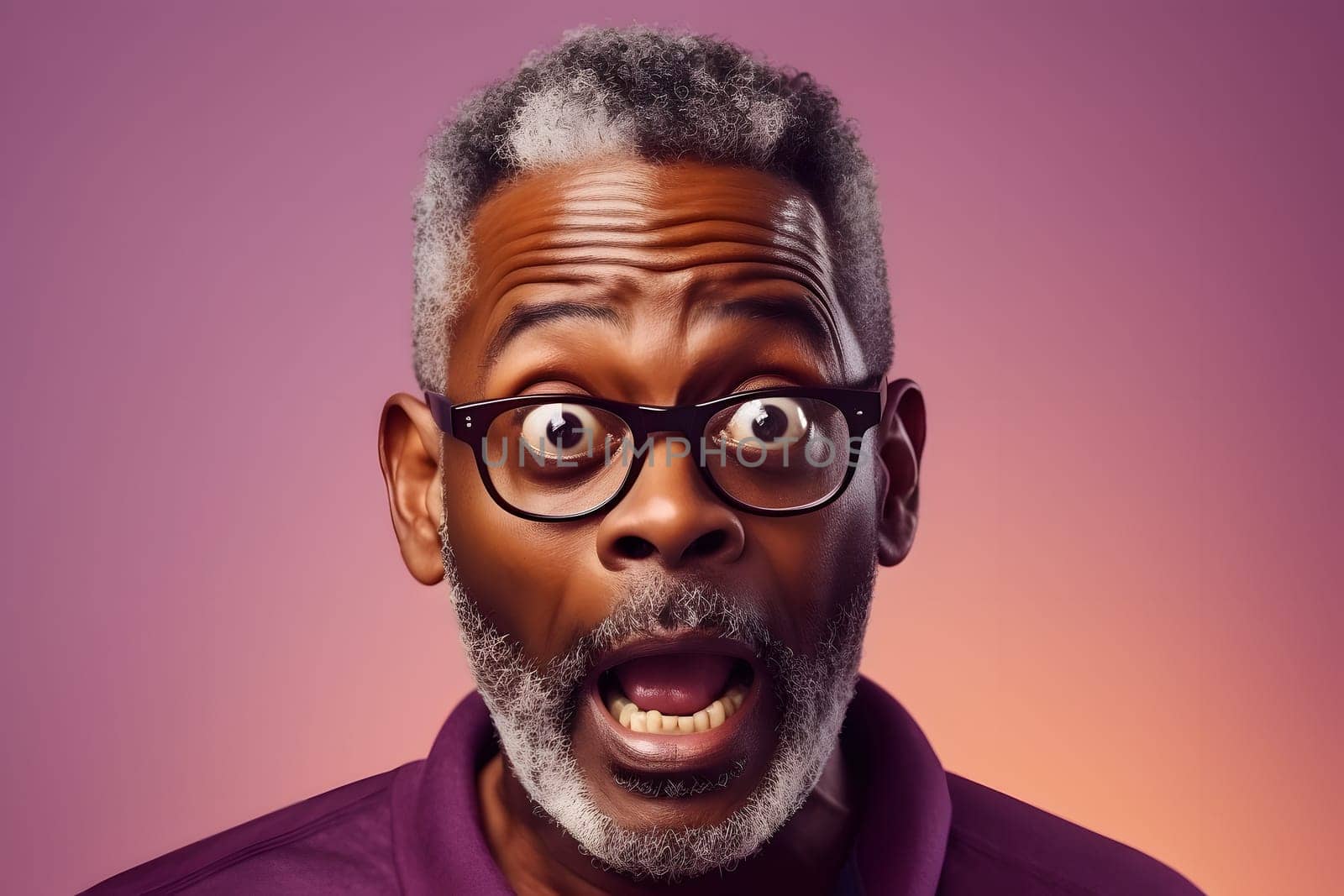 Surprised African American man with glasses on pink background. Neural network generated image. Not based on any actual person or scene.
