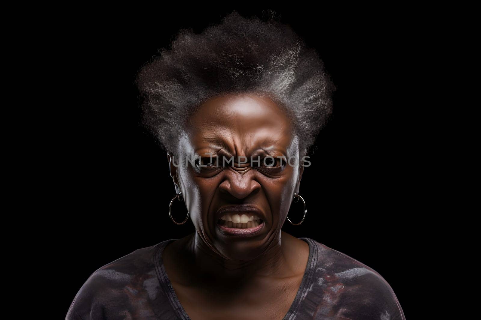 Angry senior African American woman, head and shoulders portrait on black background. Neural network generated image. Not based on any actual person or scene.