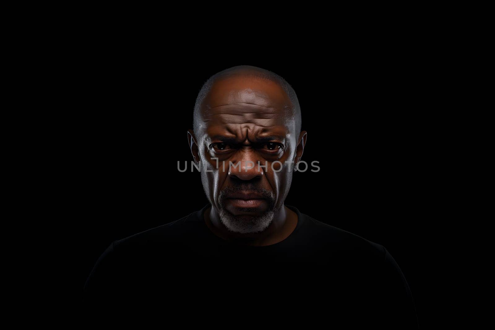 serious adult African American man, head and shoulders portrait on black background. Neural network generated image. Not based on any actual person or scene.