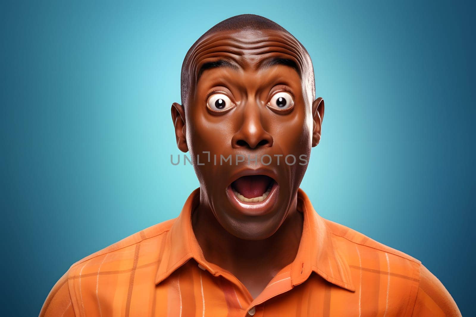 surprised African American man, head and shoulders portrait on blue background. Neural network generated image. Not based on any actual person or scene.