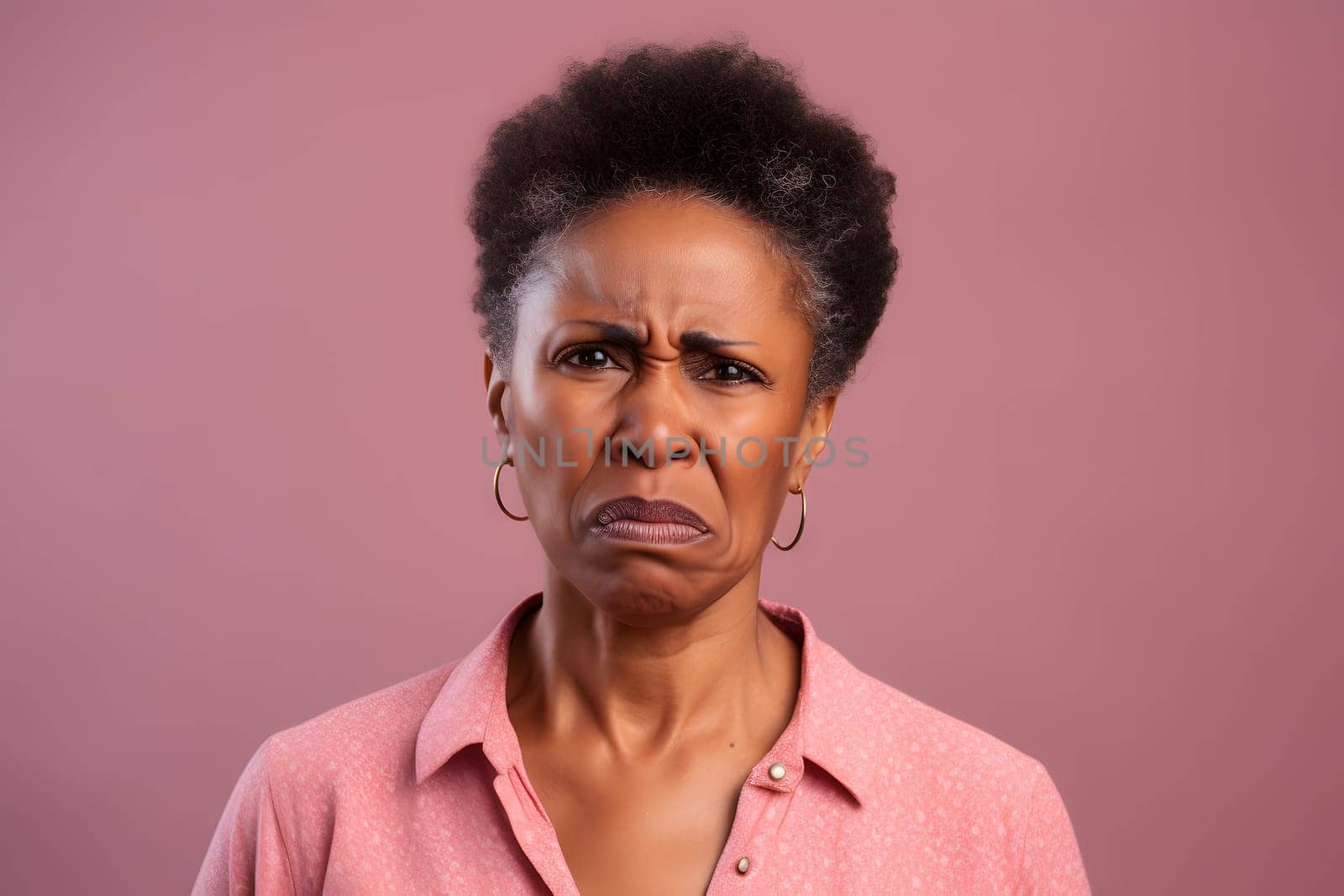 mature African American woman with disgusted emotion, head and shoulders portrait on pink background. Neural network generated image. Not based on any actual person or scene.