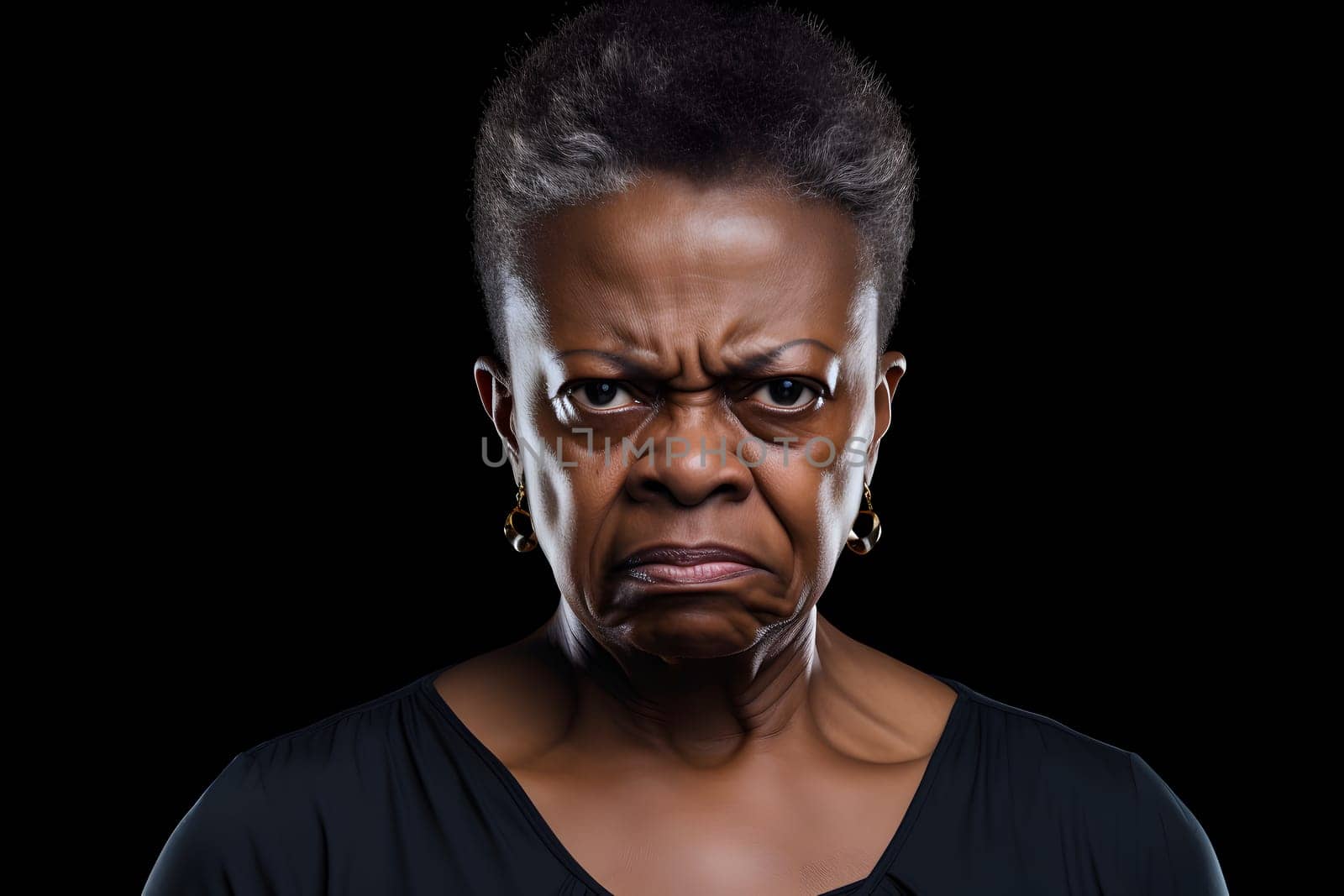 Angry senior African American woman, head and shoulders portrait on black background. Neural network generated image. Not based on any actual person or scene.