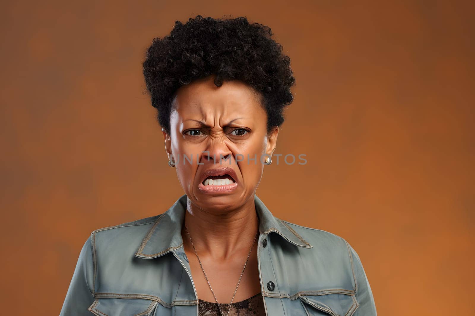 mature African American woman with disgusted emotion, head and shoulders portrait on orange background. Neural network generated image. Not based on any actual person or scene.