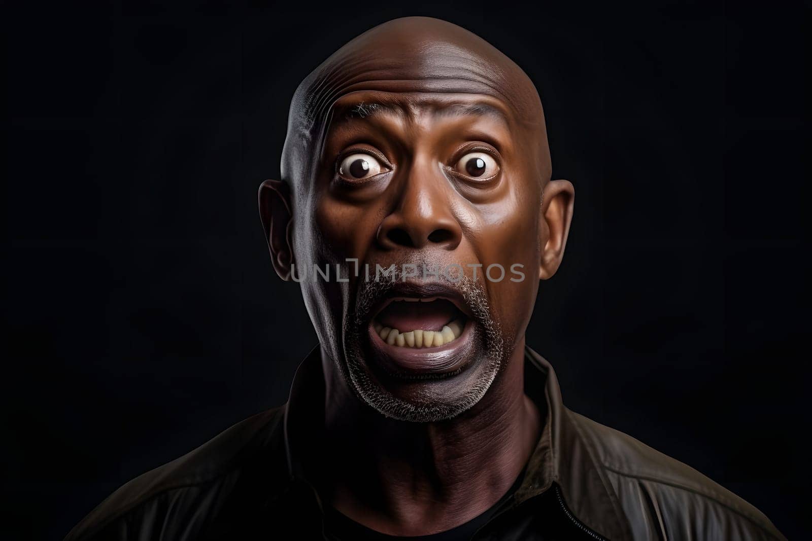 Surprised and scared bald African American man on black background. Neural network generated image. Not based on any actual person or scene.