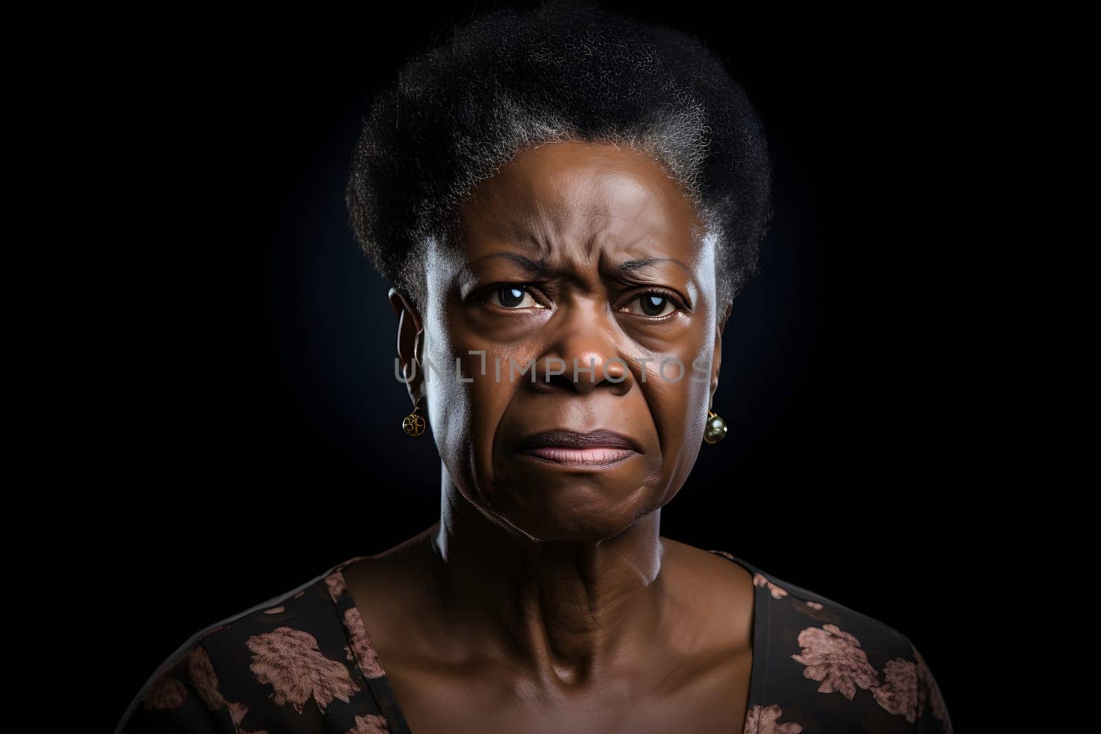 Grim senior African American woman, head and shoulders portrait on black background. Neural network generated image. Not based on any actual person or scene.