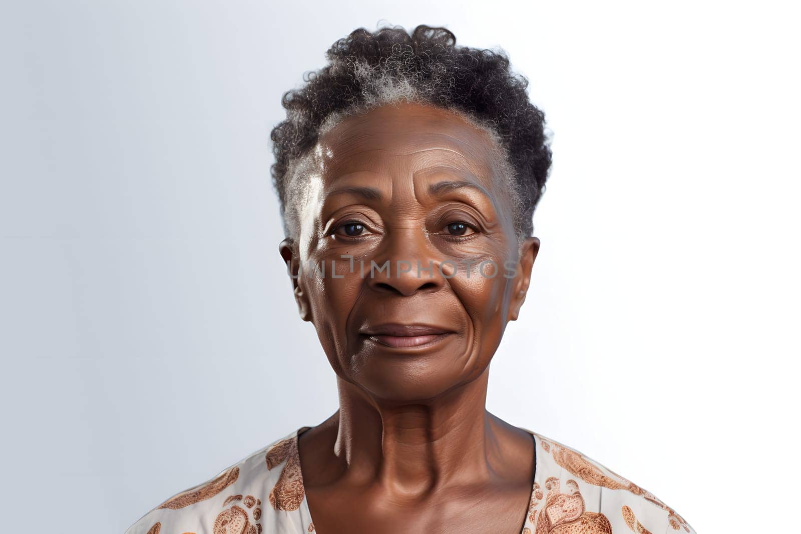 African American person, head and shoulders portrait on light gray background. Neural network generated image. Not based on any actual person or scene.