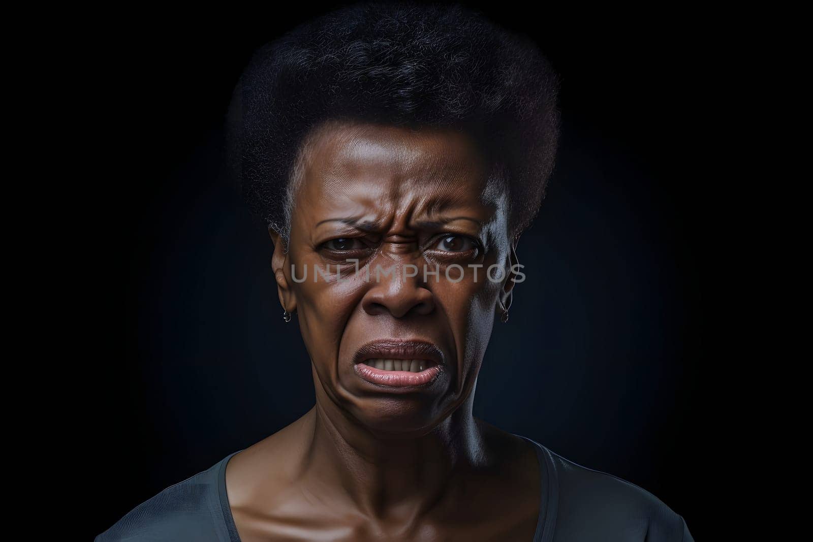 Angry senior African American woman, head and shoulders portrait on black background. Neural network generated image. Not based on any actual person or scene.