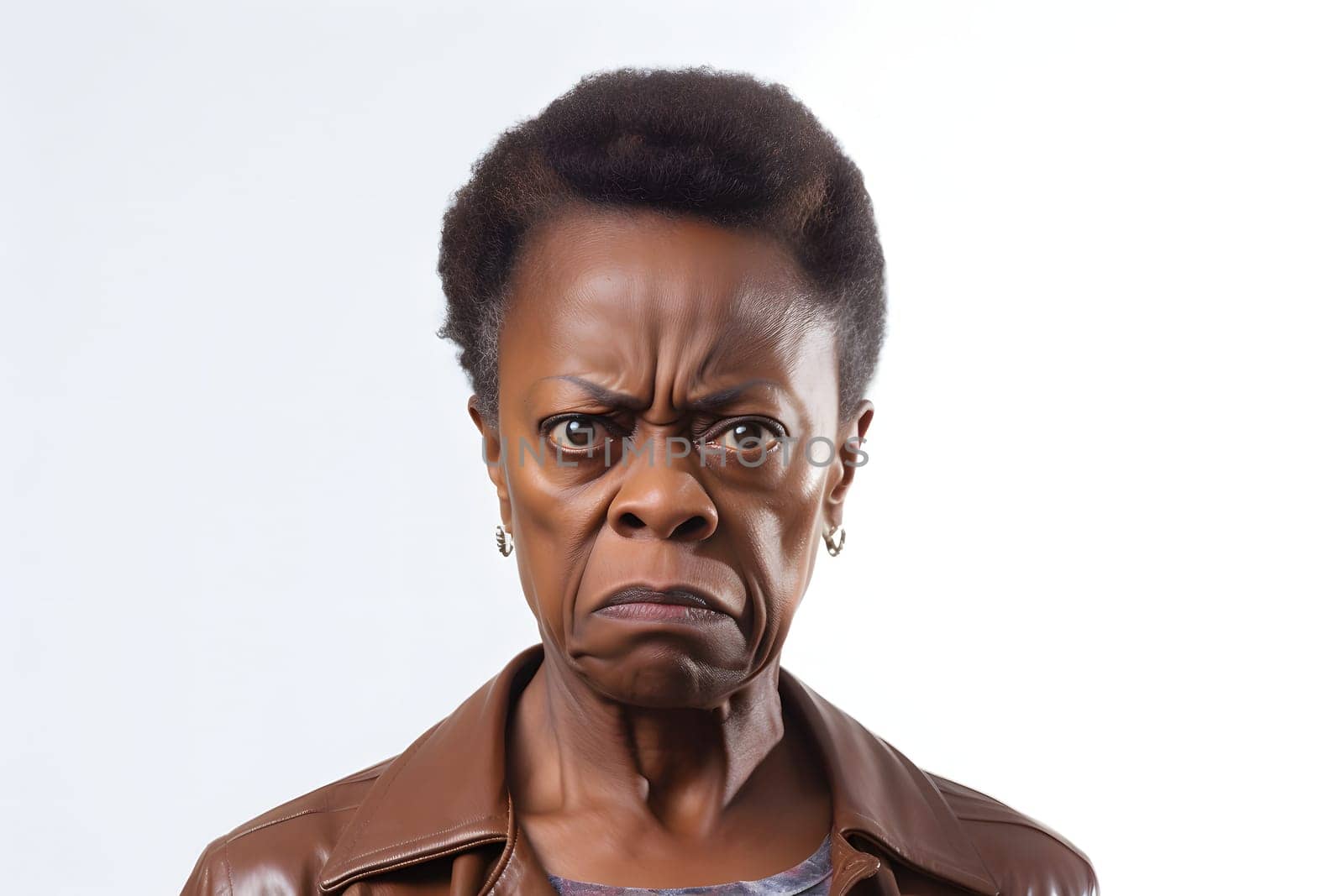 Angry and disgusted senior African American woman, head and shoulders portrait on white background. Neural network generated image. Not based on any actual person or scene.