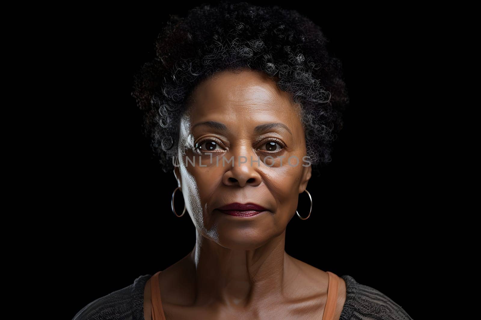 African American person, head and shoulders portrait on black background. Neural network generated image. Not based on any actual person or scene.