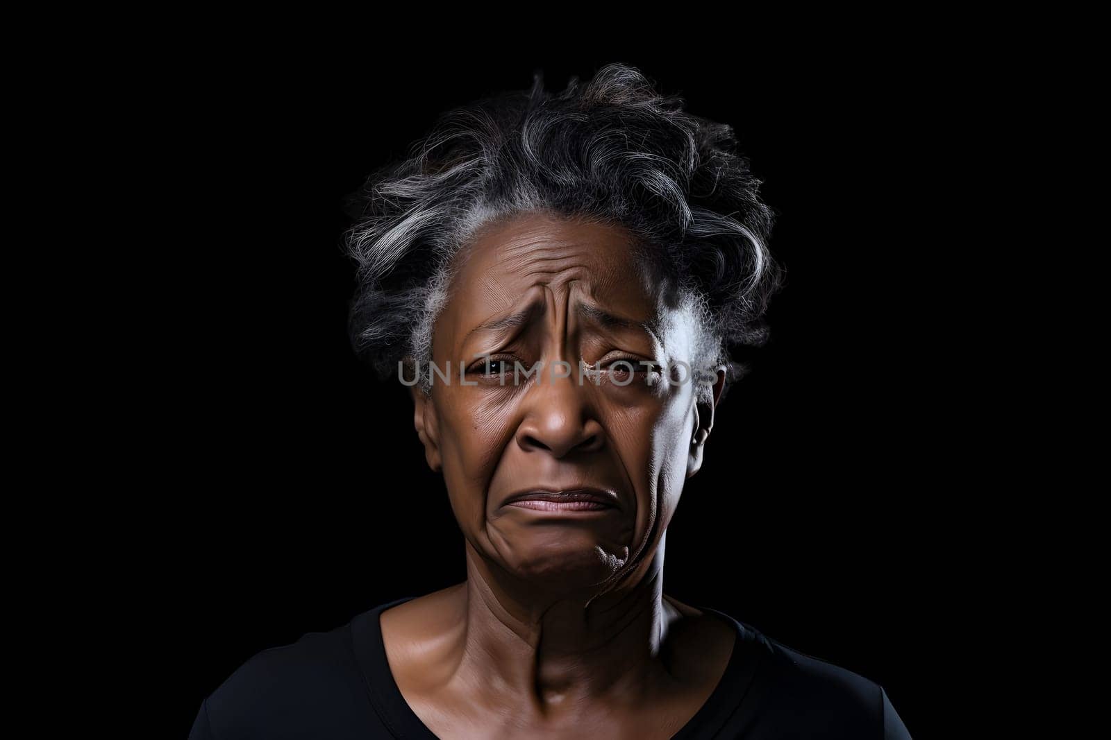 Crying senior African American woman, head and shoulders portrait on black background. Neural network generated image. Not based on any actual person or scene.