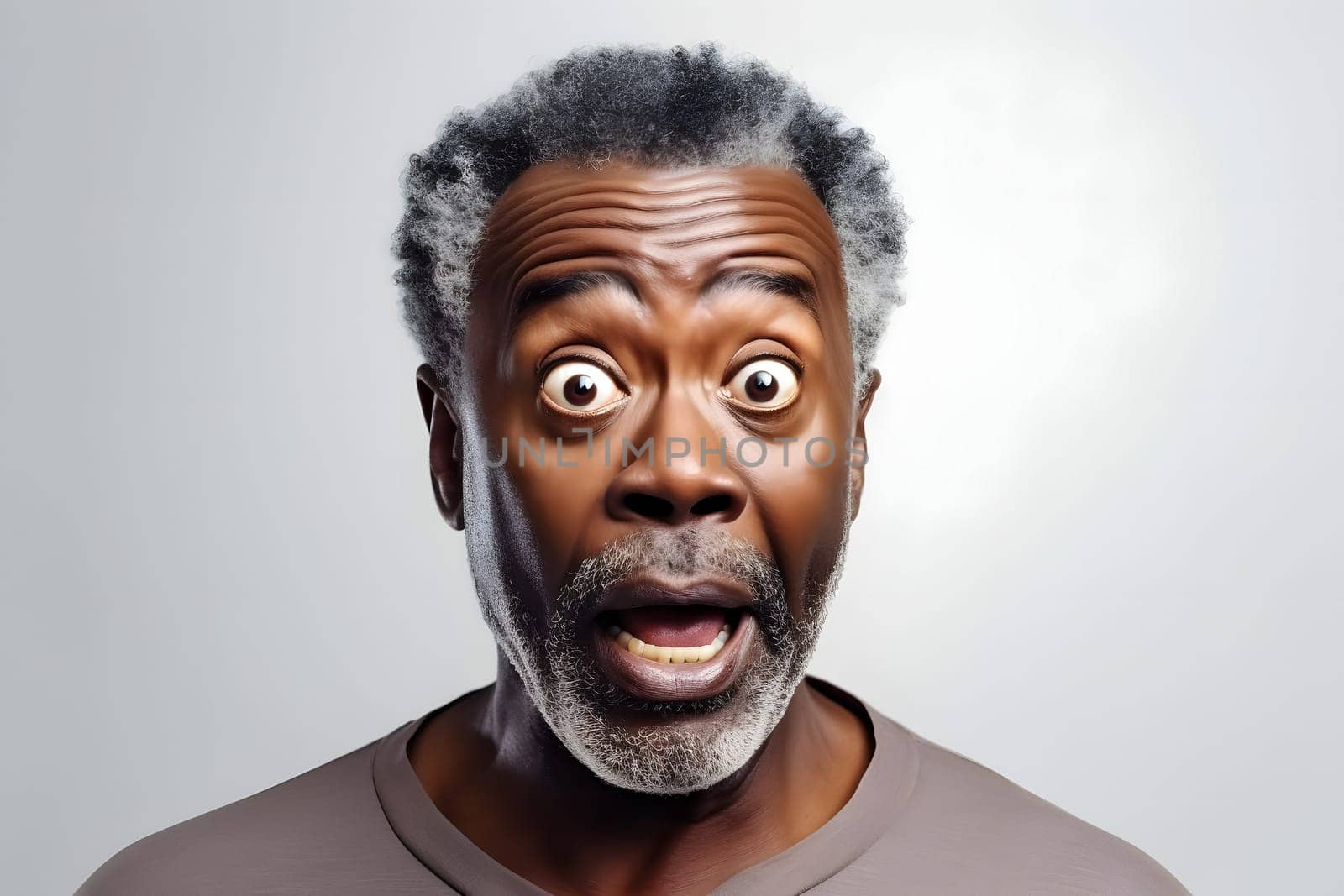 Surprised African American man on white background. Neural network generated image. Not based on any actual person or scene.