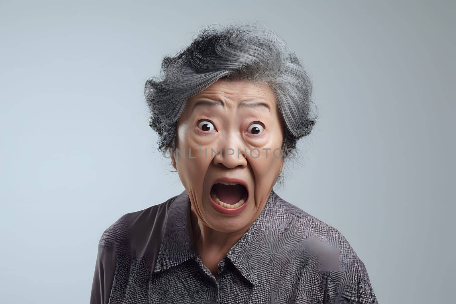 Mad senior Asian woman yelling on grey background. Neural. Neural network generated image. Not based on any actual person or scene.