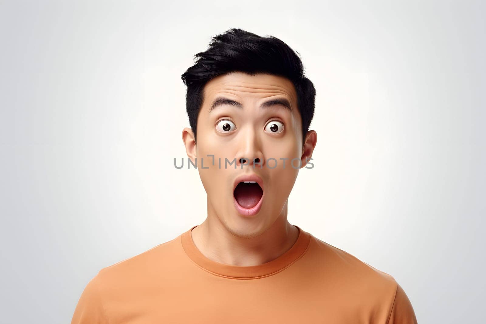 Surprised Asian young adult man on white background. Neural network generated image. Not based on any actual person or scene.