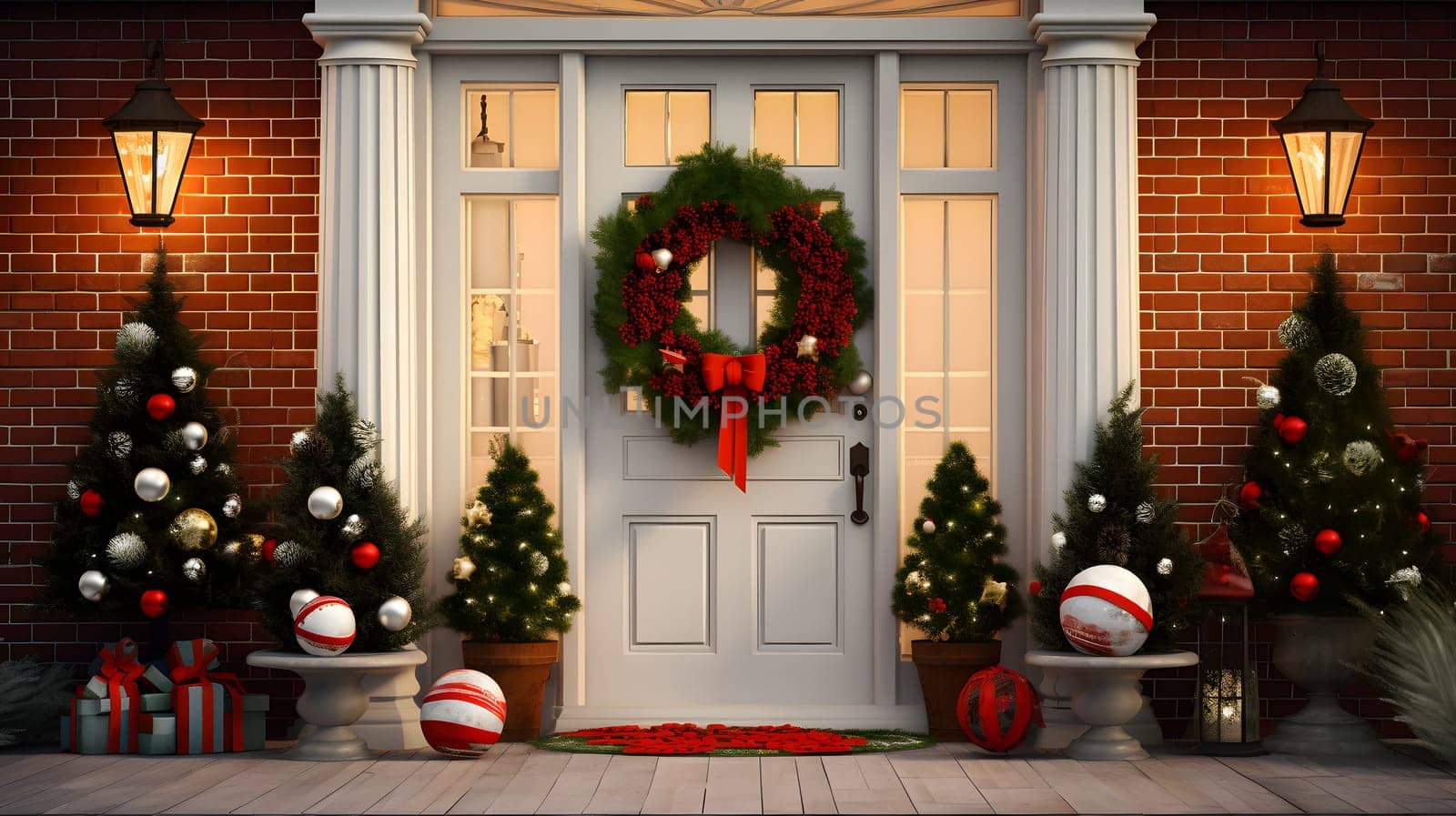 Christmas decorated house entrance, neural network generated image. Not based on any actual person, scene or pattern.
