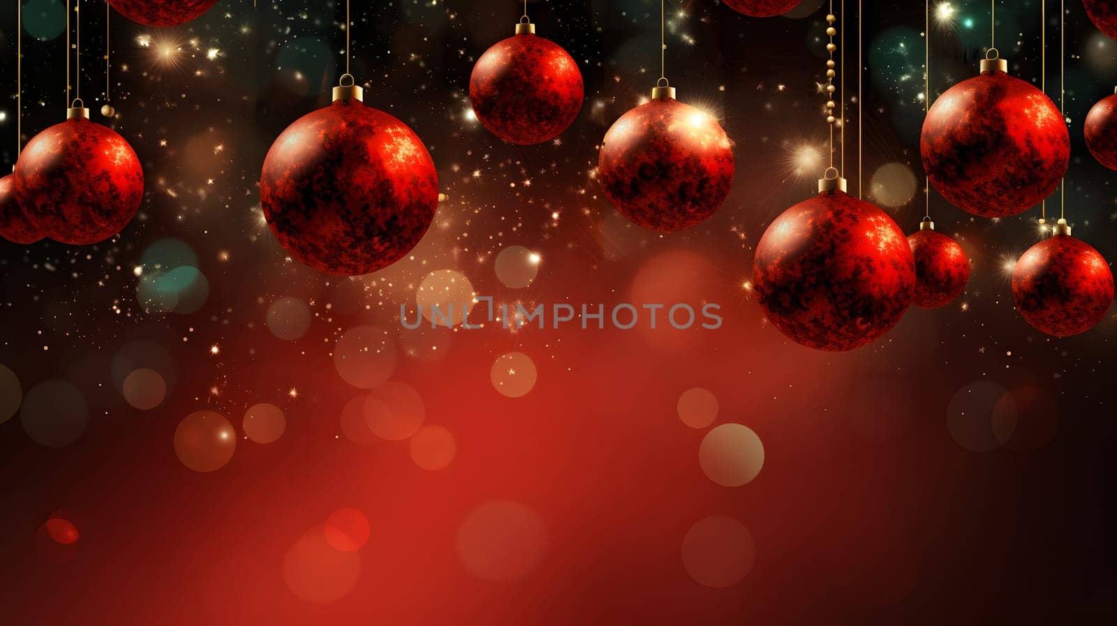 dark Christmas background with bokeh, snow and hanging red balls, neural network generated image. Not based on any actual scene or pattern.