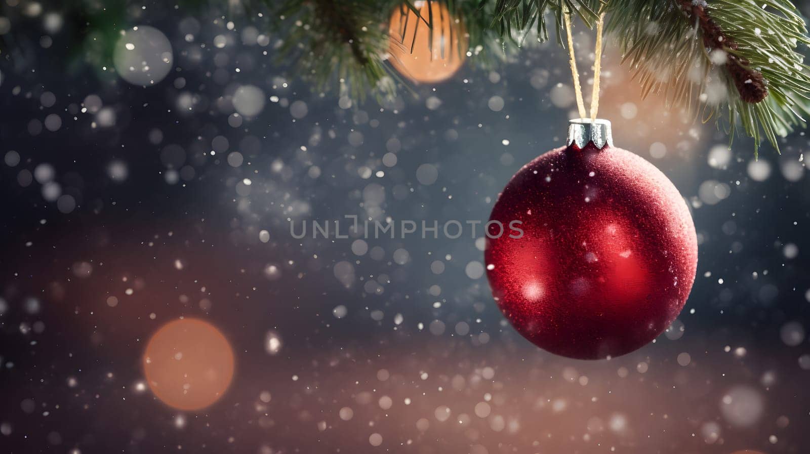 dark Christmas background with bokeh, snow and red balls hanging on spruce branch, neural network generated image. Not based on any actual scene or pattern.