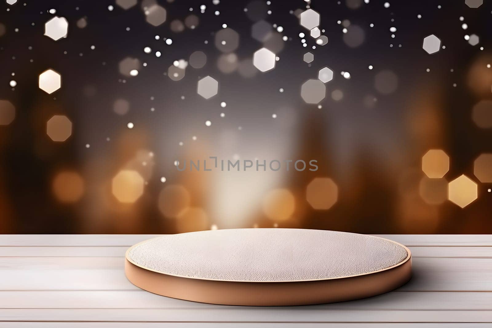 abstract snowy winter background with bokeh and round product podium, neural network generated image. Not based on any actual scene or pattern.