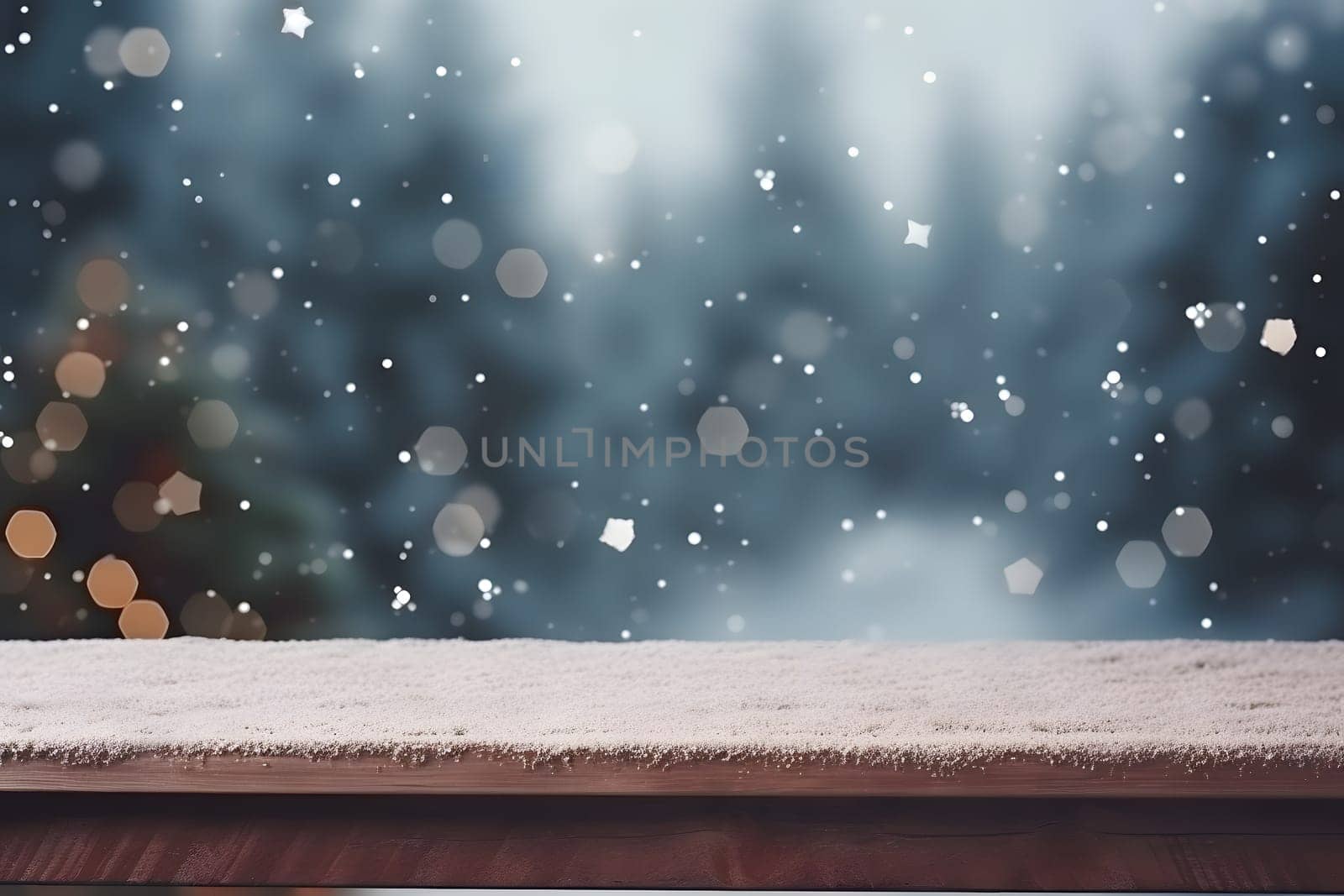 abstract bright snowy winter background with bokeh and snow covered horizontal surface, neural network generated image. Not based on any actual scene or pattern.