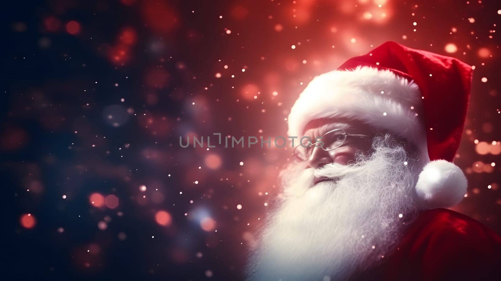 Santa Claus face closeup with defocused glitter bokeh copy space background, neural network generated image. Not based on any actual person, scene or pattern.