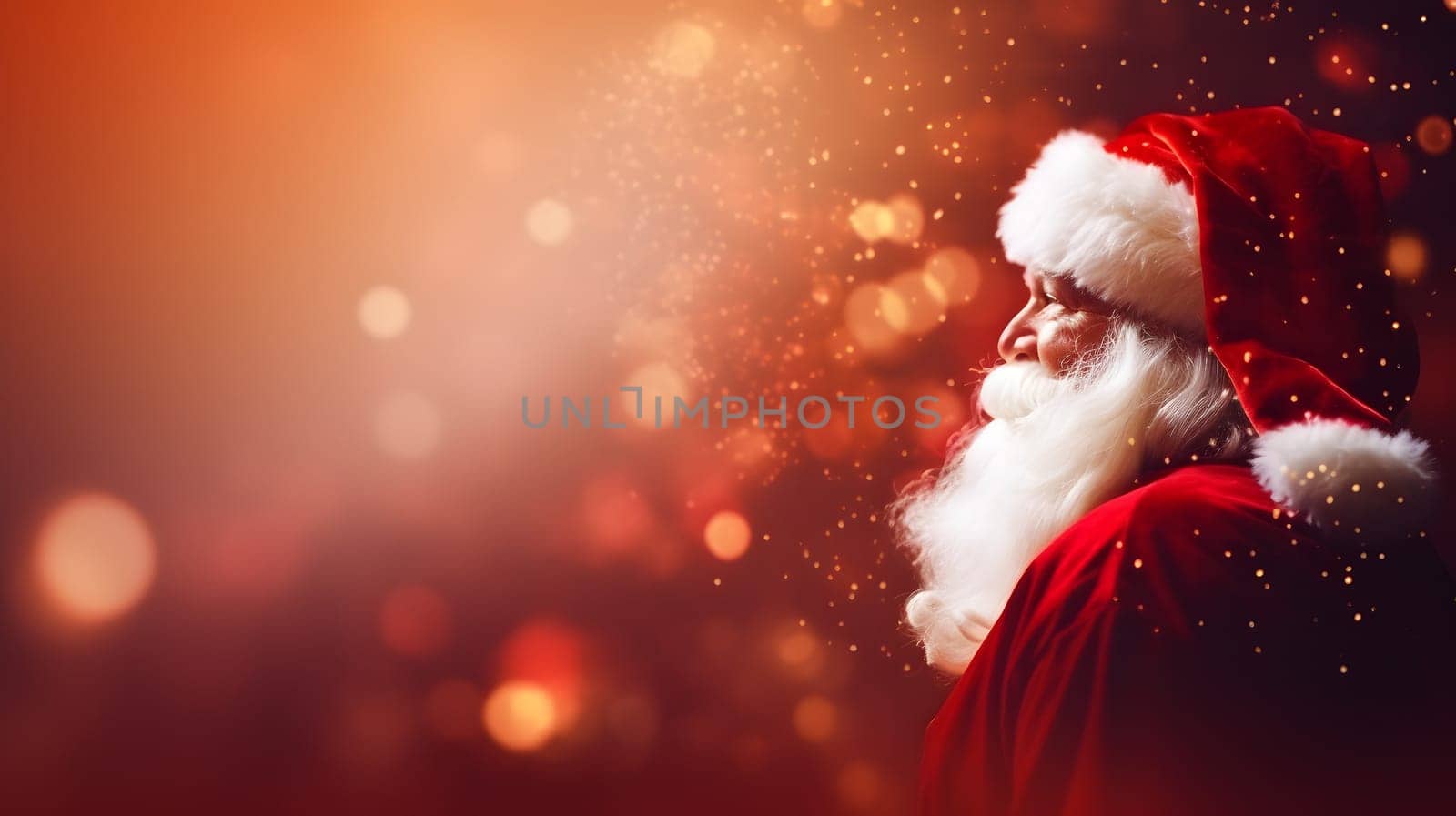 Santa Claus face closeup with defocused glitter bokeh copy space background, neural network generated image. Not based on any actual person, scene or pattern.