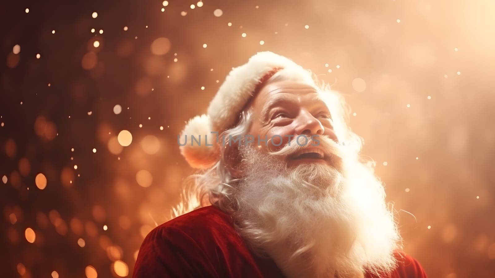 Santa Claus smiling face looking up, closeup with defocused glitter bokeh background, neural network generated image. Not based on any actual person, scene or pattern.