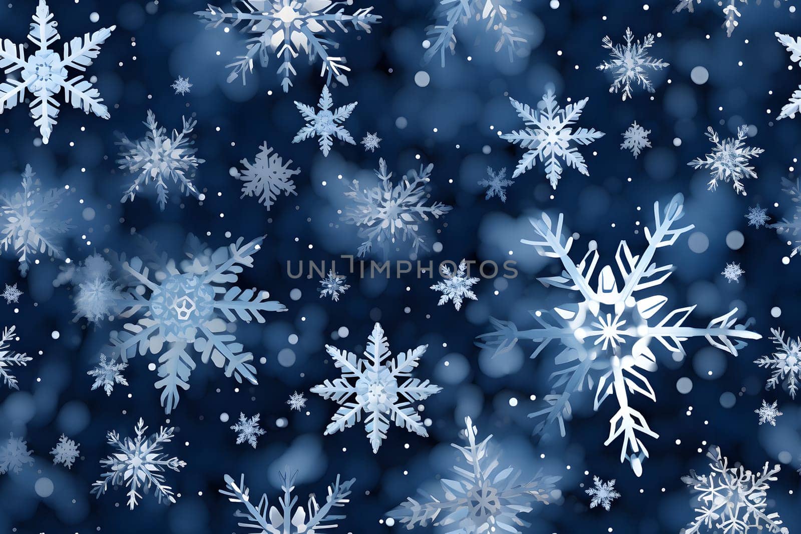 seamless pattern of snowflakes on dark blue background, neural network generated. Not based on any actual scene or pattern.