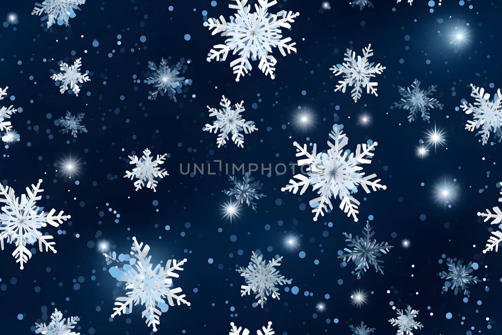 seamless pattern of snowflakes on dark blue background, neural network generated. Not based on any actual scene or pattern.