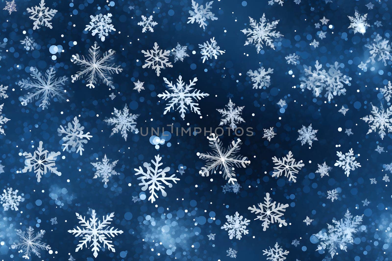 seamless pattern of snowflakes on dark blue background, neural network generated. Not based on any actual scene or pattern.