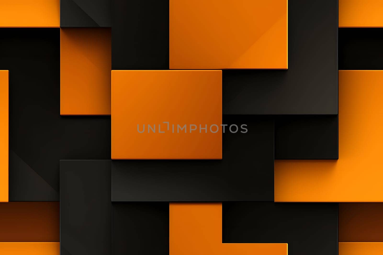 Abstract background design of black and orange panels forming mosaic geometric pattern. Neural network generated image. Not based on any actual person or scene.