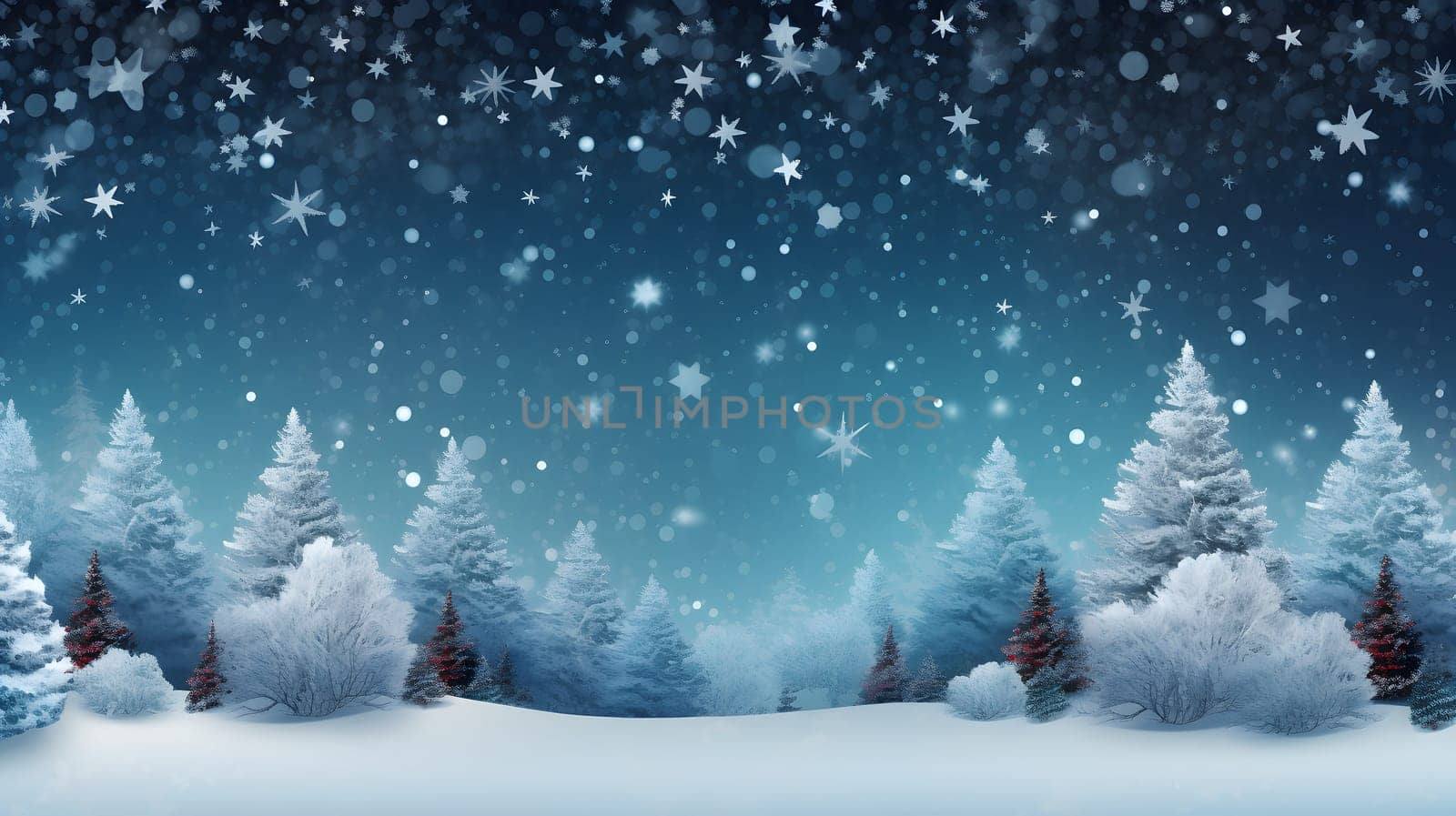 snow covered spruce forest at snowy winter in blue tones, neural network generated image. Not based on any actual scene or pattern.
