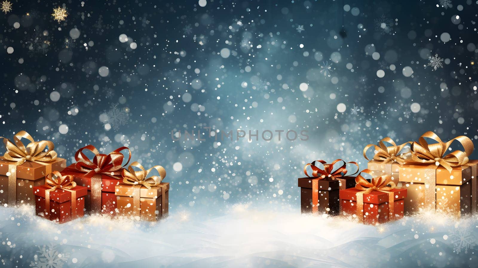 snowy white Christmas background with bokeh and orange gift boxes on snow covered ground, neural network generated image. Not based on any actual person, scene or pattern.