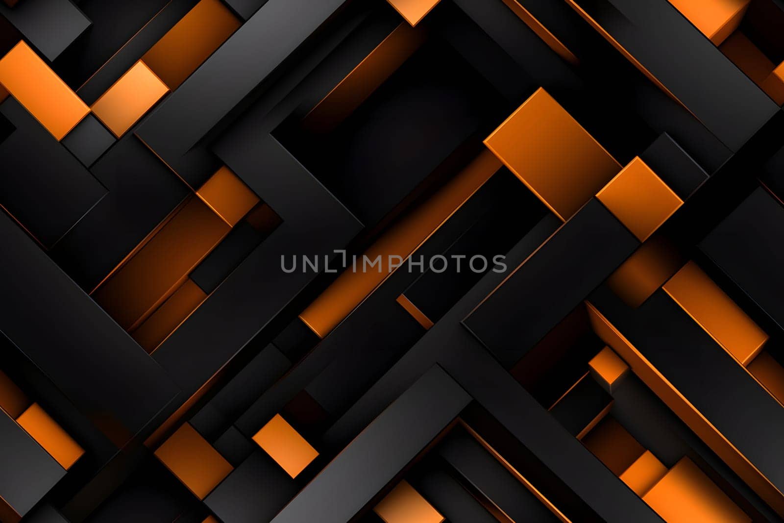 Abstract background design of black and orange panels forming mosaic geometric pattern. Neural network generated image. Not based on any actual person or scene.