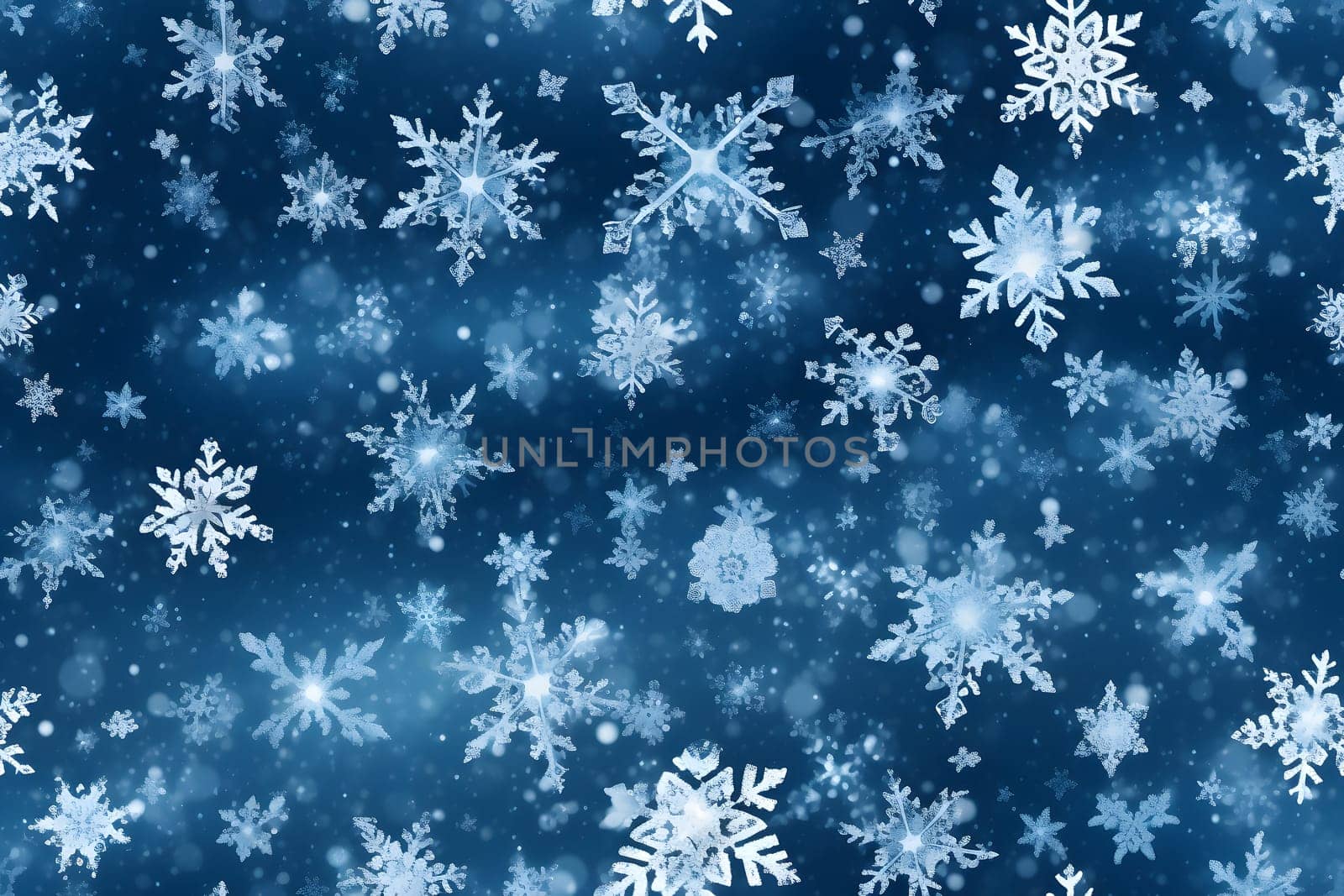seamless pattern of snowflakes on dark blue background, neural network generated. Not based on any actual scene or pattern.