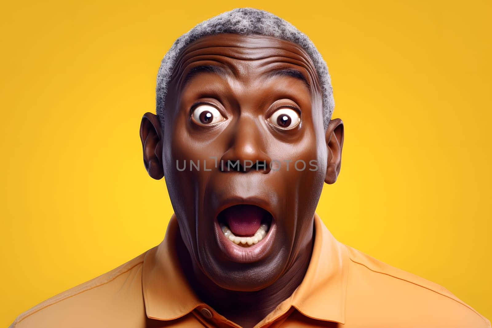Surprised gray-haired African American man on yellow background. Neural network generated image. Not based on any actual person or scene.