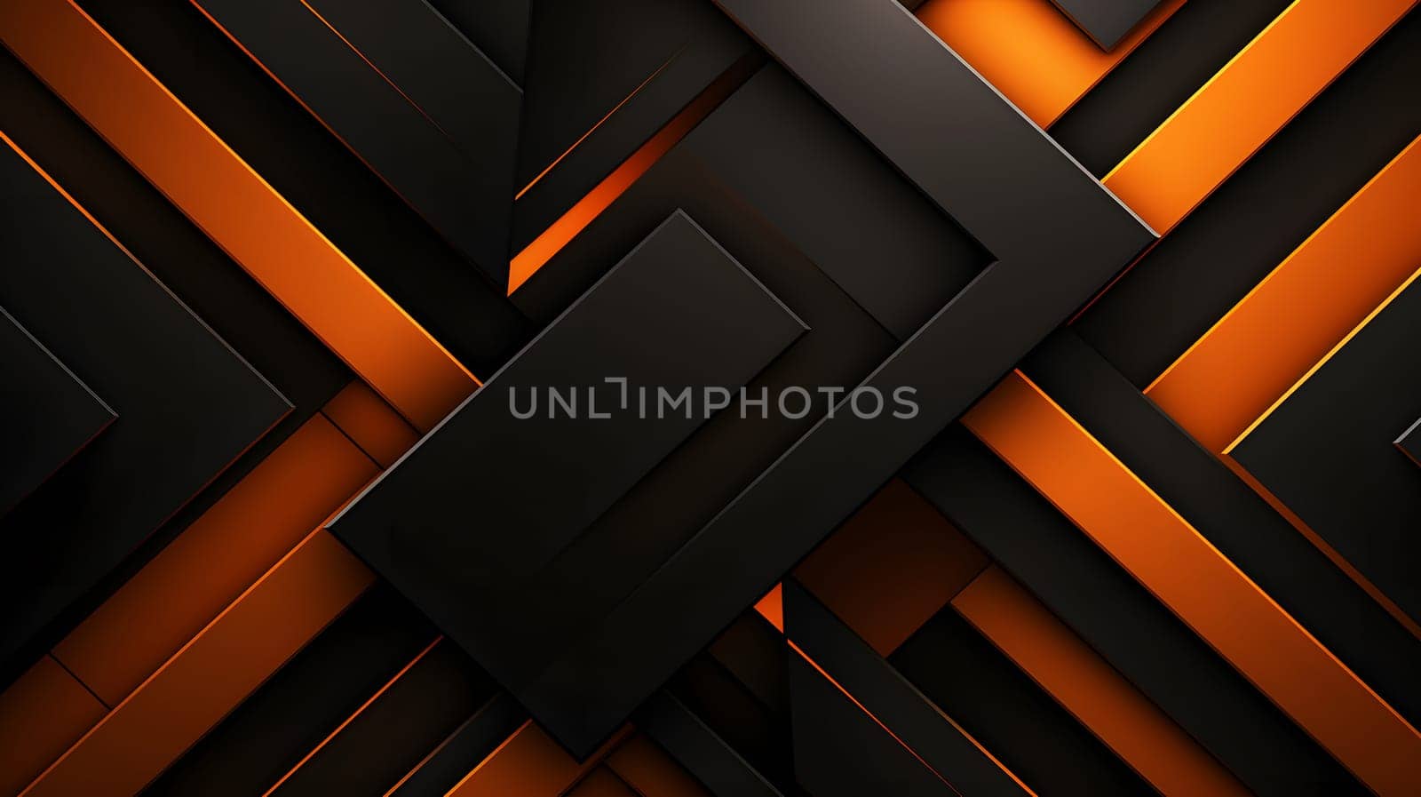 Abstract background design of black and orange panels forming mosaic geometric pattern. Neural network generated image. Not based on any actual person or scene.