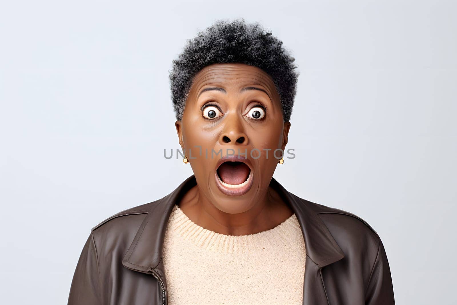 surprised adult African American woman, head and shoulders portrait on white background. Neural network generated image. Not based on any actual person or scene.