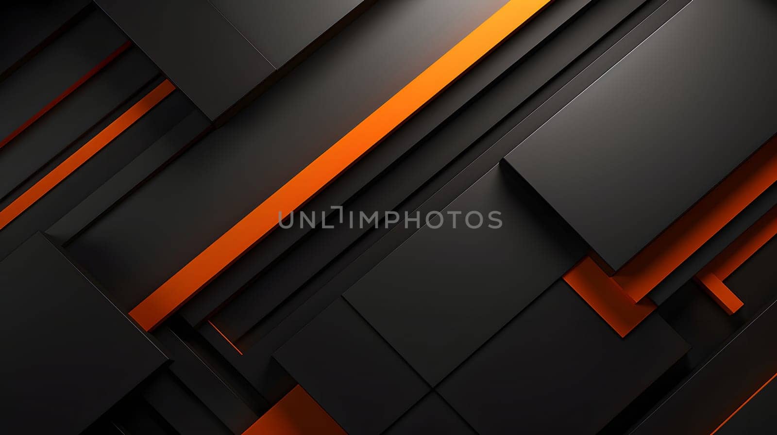 Abstract background design of black and orange panels forming mosaic geometric pattern. Neural network generated image. Not based on any actual person or scene.