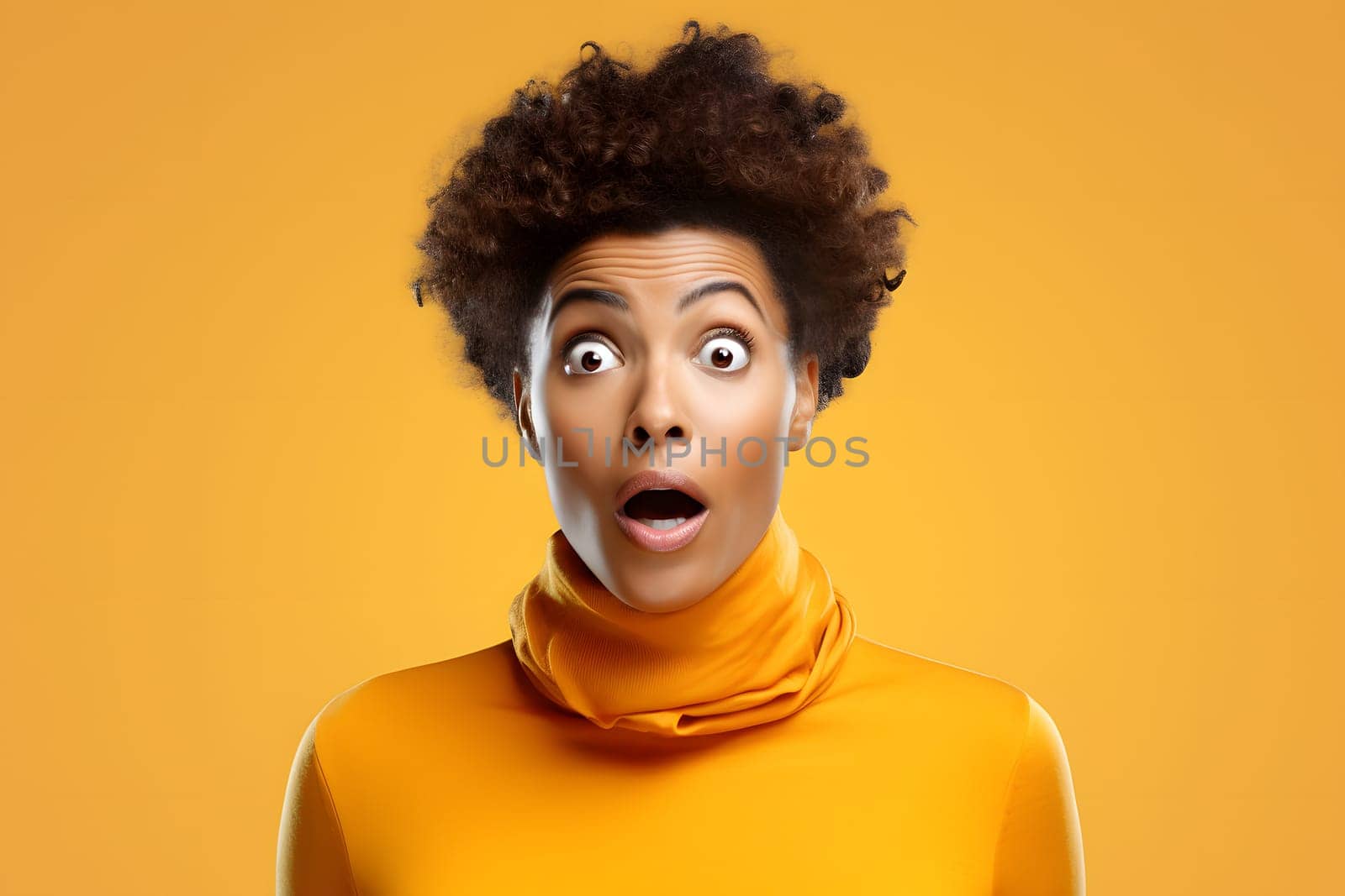 surprised young adult African American woman, head and shoulders portrait on yellow background. Neural network generated image. Not based on any actual person or scene.