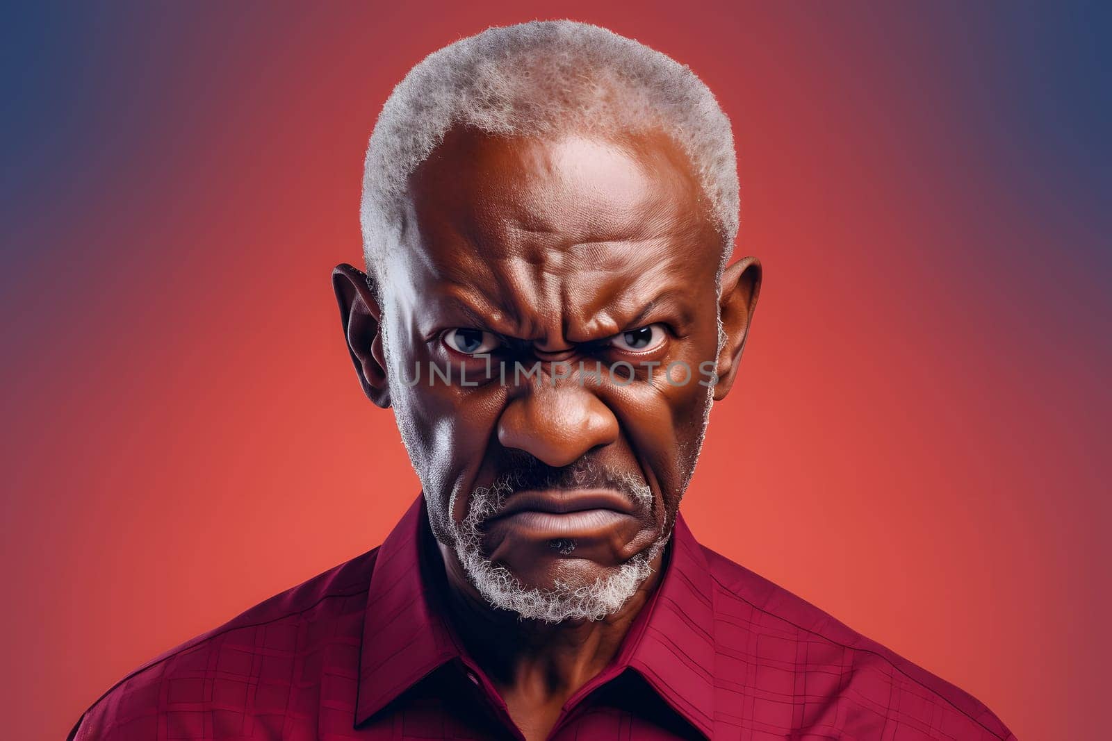 angry African American man in red shirt, head and shoulders portrait on red background. Neural network generated image. Not based on any actual person or scene.