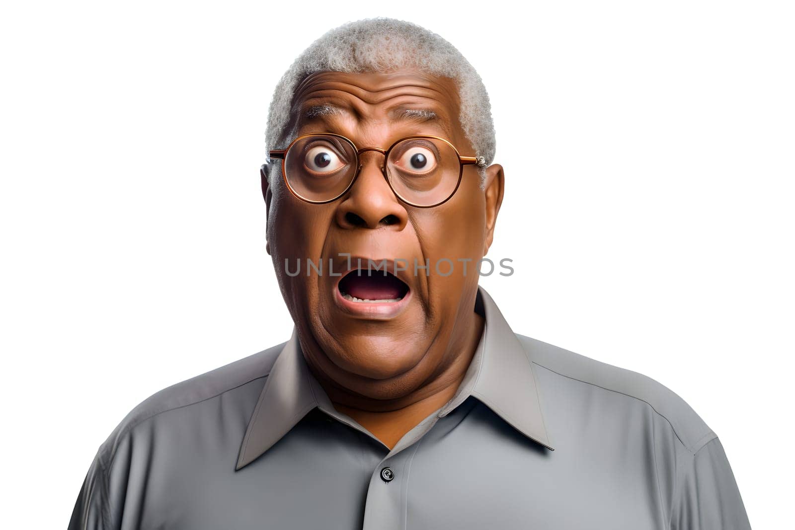 surprised adult African American man with glasses, head and shoulders portrait on white background. Neural network generated image. Not based on any actual person or scene.